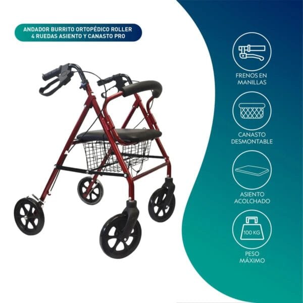 Andador Burro Ortopédico 4 Ruedas - Asiento y Canasto Pro GLOMED