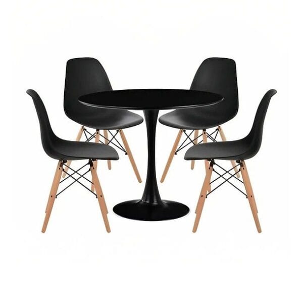 Comedor Redondo Tulip Negro 90 cm + 4 Sillas Eames Negras
