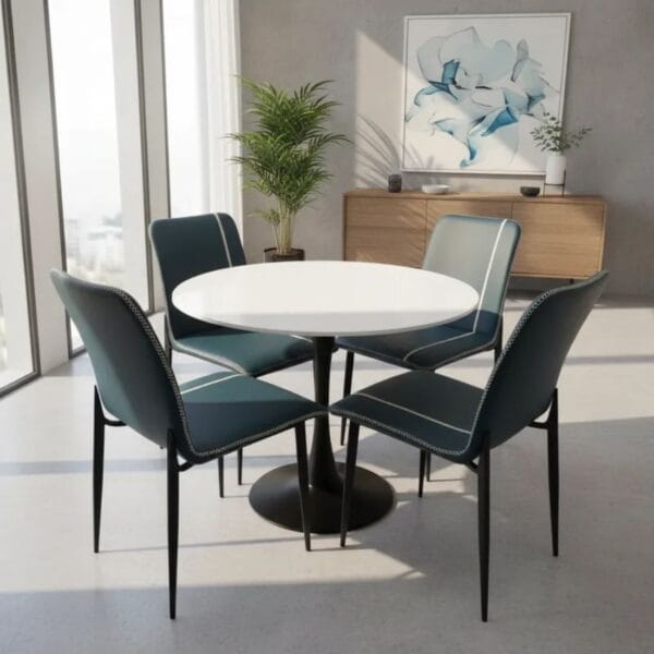 Comedor Tulip Redondo 90cm + 4 Sillas Capitones Azul